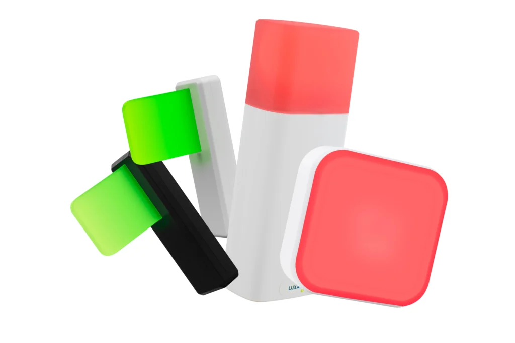 Luxafor busy lights — do not disturb light for office desk and office door, on a call light and in a meeting light, shown in red and green